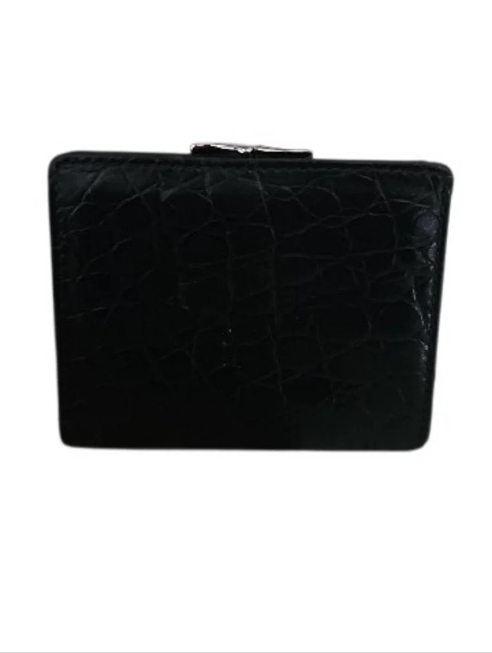 Vintage Cowhide Leather Coin Purse Wallet Black Croc Embossed Kiss Lock Compact